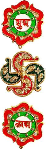 TrendBell Meenakri تصميم زهرة حمراء Diwali Shubh Labh مع ملصقات Swastikk Ganesha عنصر لديكور Diwali Indian Puja والزفاف والمهرجانات من الأكريليك Diwali Rangoli ديكور الأرضيات والمكتب in Kuwait