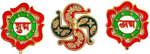 TrendBell Meenakri تصميم زهرة حمراء Diwali Shubh Labh مع ملصقات Swastikk Ganesha عنصر لديكور Diwali Indian Puja والزفاف والمهرجانات من الأكريليك Diwali Rangoli ديكور الأرضيات والمكتب in Kuwait