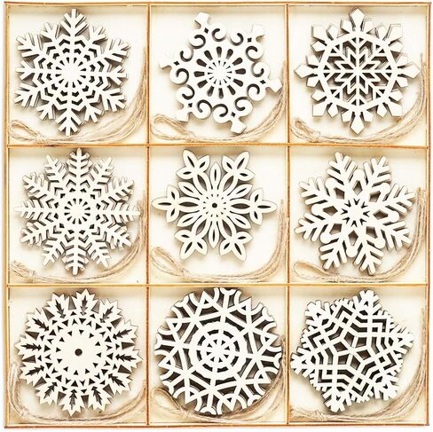 ندفات ثلج خشبية غير مكتملة، 27 قطعة من الحلي المعلقة على شكل ندفات الثلج بحبل، زينة عيد الميلاد DIY، 9 تصميمات in Kuwait