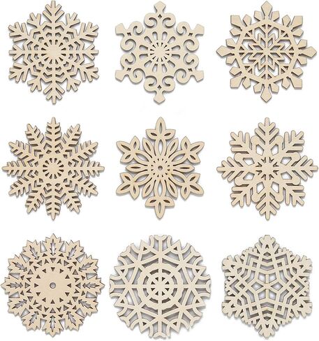 ندفات ثلج خشبية غير مكتملة، 27 قطعة من الحلي المعلقة على شكل ندفات الثلج بحبل، زينة عيد الميلاد DIY، 9 تصميمات in Kuwait