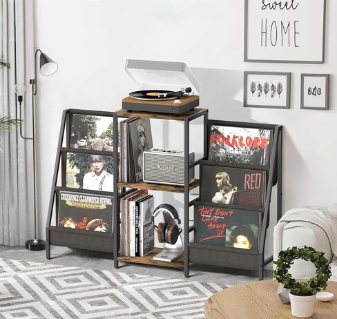 Tewinko Record Player Stand with Vinyl Storage Cart, Record Player Table with Record Storage 200 Albums, Turntable Stand with Record Holder Vinyl Display Shelf, Record Cabinet Media Stereo in Kuwait