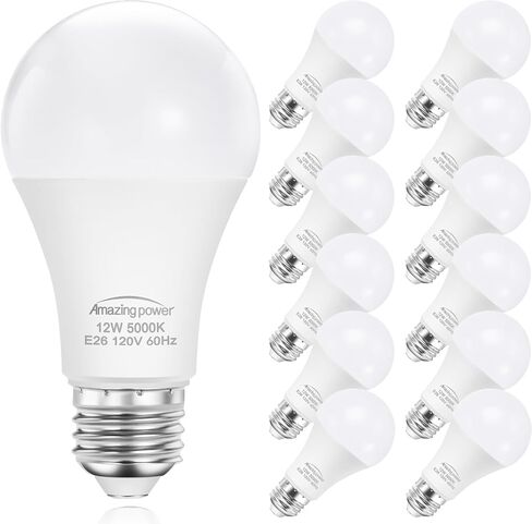 100W Equivalent Light Bulbs, A19 E26 LED Bulbs, 12W 5000K Daylight White 1200 Lumens, Non-Dimmable, 12-Pack in Kuwait