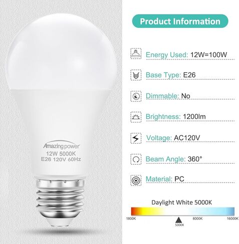 100W Equivalent Light Bulbs, A19 E26 LED Bulbs, 12W 5000K Daylight White 1200 Lumens, Non-Dimmable, 12-Pack in Kuwait