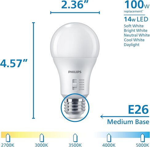 Philips LED A19 Selectable White Dimmable LED Light Bulbs - Flicker Free 60w Light Bulbs with EyeComfort Technology - Soft White 6500K Lightbulb - 1500 Lumen - E26 Base - 4 Pack in Saudi Arabia