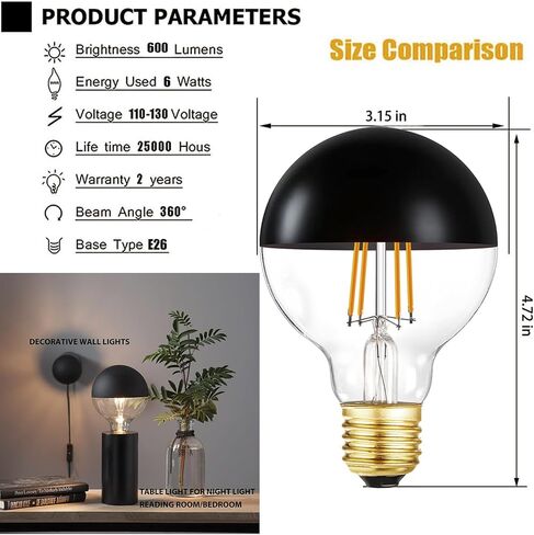 E26 Half Black Light Bulb 6W Dimmable LED Edison Bulb(60W Equivalent) G25 Globe Shape E26 LED Bulb Half Chrome Reflected Light 3000K Soft White Pack of 4. in Saudi Arabia