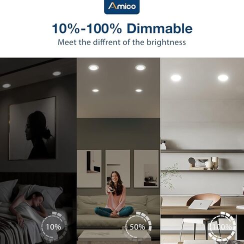 Amico 5/6 inch 5CCT LED Recessed Lighting 20 Pack, Smooth Trim, Dimmable, IC & Damp Rated, 12.5W=100W, 950LM Can Lights, 2700K/3000K/4000K/5000K/6000K Selectable, Retrofit Installation - ETL & FCC in Kuwait