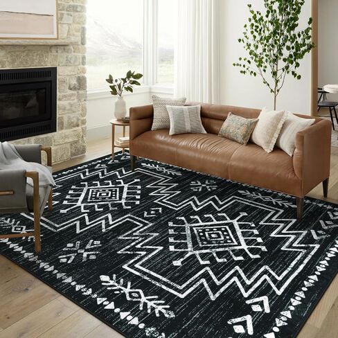 سجاد Lahome مقاس 8 × 10 لغرفة المعيشة، سجادة غرفة نوم مغربية قابلة للغسل باللونين الأبيض والأسود، سجاد غرفة الطعام مقاوم للبقع تحت الطاولة، سجادة أزتيك منخفضة الوبر لديكور المنزل المكتبي (أسود، 8 × 10 بوصة) in Kuwait