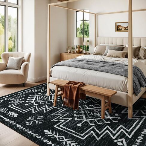 سجاد Lahome مقاس 8 × 10 لغرفة المعيشة، سجادة غرفة نوم مغربية قابلة للغسل باللونين الأبيض والأسود، سجاد غرفة الطعام مقاوم للبقع تحت الطاولة، سجادة أزتيك منخفضة الوبر لديكور المنزل المكتبي (أسود، 8 × 10 بوصة) in Kuwait