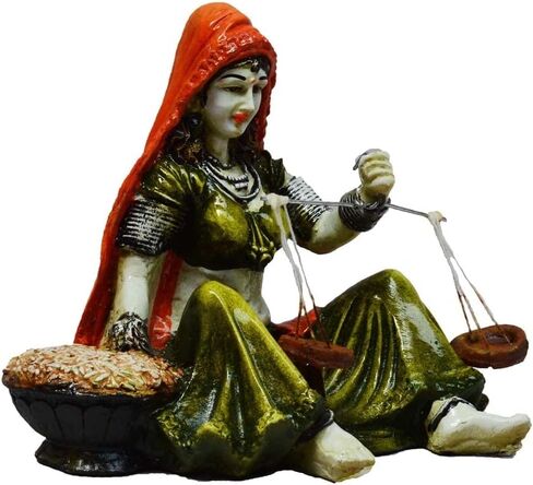 تمثال نسائي من مادة البوليريسين راجاستان مصنوع يدويًا من eCraftIndia باستخدام مقياس وزن عتيق - تحفة تمثال بشري مزخرف - هدية للأم والجدة - مناسب لمهرجانات ديوالي ونافراتري in Kuwait