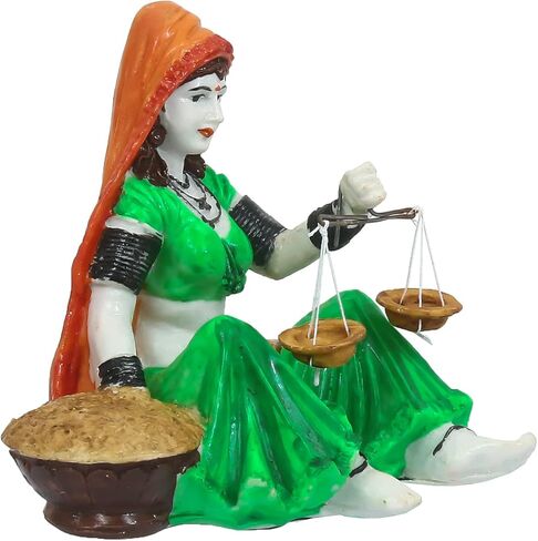 تمثال نسائي من مادة البوليريسين راجاستان مصنوع يدويًا من eCraftIndia باستخدام مقياس وزن عتيق - تحفة تمثال بشري مزخرف - هدية للأم والجدة - مناسب لمهرجانات ديوالي ونافراتري in Kuwait