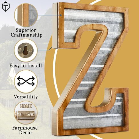 Tavenly 14" Galvanized Farmhouse Letters for Home Decor - 3D Large Metal Letter with Wooden Border - Rustic Monogram Signs for Living Room, Kitchen, Wood Farmhouse Decor, Decorative Wall Art - Z in Saudi Arabia