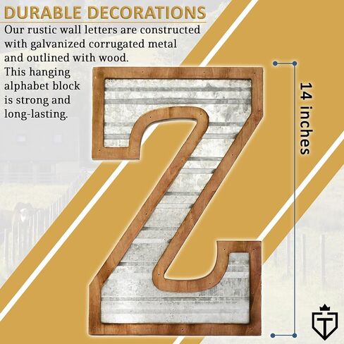 Tavenly 14" Galvanized Farmhouse Letters for Home Decor - 3D Large Metal Letter with Wooden Border - Rustic Monogram Signs for Living Room, Kitchen, Wood Farmhouse Decor, Decorative Wall Art - Z in Saudi Arabia