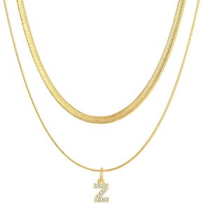 Initial Necklace, Dainty 14K Gold Plated Layered Necklace For Women Trendy, Herringbone Necklace Snake Chain Necklace Rhinestones A-Z Pendant Letter Necklace Choker Jewelry Gift