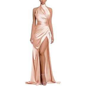 Halter Bridesmaid Dresses Satin Prom Dresses with Split Long Ruched Evening Dresses