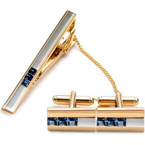 Romantic Gold Cufflinks &Tie Clip Set for Men, Modern Swarovski Crystal Shirt Studs & Necktie Bar, Fashion Collection Cuff Links Stickpin, Shiny Tie Pin & Cuff Button (Small Rectangle Set)