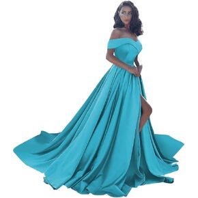 Off Shoulder Satin Prom Dresses Ball Gown Plus Size Formal Dresses for Women Wedding Dress with Slit