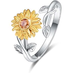 AOVEAO Sunflower Rings for Women, 925 Sterling Silver Sunflower Ring,CZ You are My Sunshine Adjustable Open Band Rings Sunflower Jewelry Gifts for Girls Size 7-8