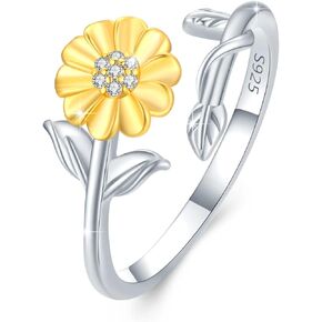 AOVEAO Sunflower Rings for Women, 925 Sterling Silver Sunflower Ring,CZ You are My Sunshine Adjustable Open Band Rings Sunflower Jewelry Gifts for Girls Size 7-8