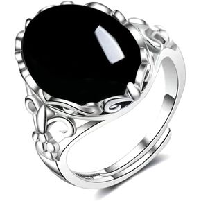Natural Agate Onyx Stone Rings for Women Teen Girls,Adjustable White Gold Plated Sterling Silver Crusader Flower Fox Wedding Engagement Oval Round Gem Gemstone Birthstone Crystal Rings Jewelry Gift for Women Teen Girls