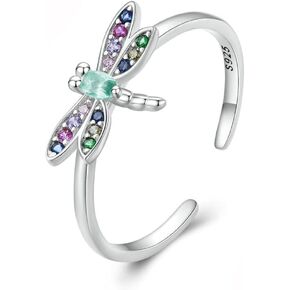 Dragonfly Adjustable Ring Sterling Silver 925 Colorful Cubic Zirconia Stackable Open Finger Thumb Middle Extendable Rings Promise Statement Daughter Birthday Cute Dragonflies Jewelry Gifts for Women Girls Teen