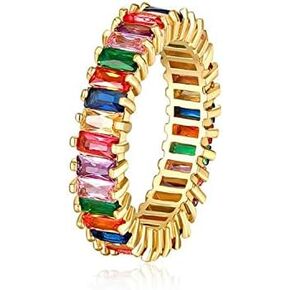 Rainbow Square Baguette Zircon Engagement Ring Colorful Cubic Zirconia Stackable Eternity Band Ring Gold Filled Copper Geometric Thin Line Multicolor Pava CZ Finger Ring for Women Girl Party Jewelry