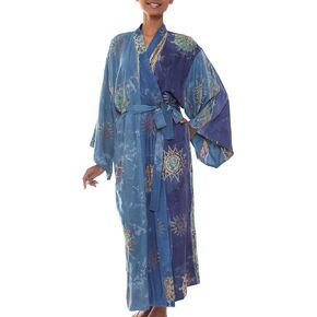 NOVICA Handcrafted Batik Robe for Women with Floral Designs - Elegant and Fancy Women's Robe, Ideal as a Gift for Mother, Blue Baliku'