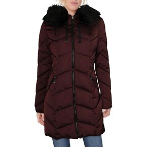 Tahari Brie Women's Chevron Quilted Puffer Coat with Faux Fur Trim Hood