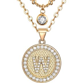 Layered Initial Necklaces for Women, 14K Gold Plated Dainty Layering Chain Necklace Cute Round Cubic Zirconia Coin Letter Pendant Choker Necklace Jewelry Gift for Women