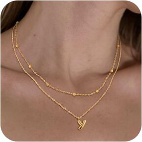 Gold Initial Necklaces for Women Girls, Layered Chunky Big Bubble/Balloon Letter/Initial Necklace A-Z Pendant Alphabet Choker Necklace Personalized Monogram Name Necklace Jewelry for Women Gift