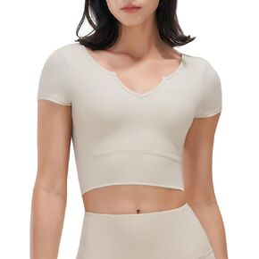 قمصان قصيرة مبطنة للتمرين للسيدات بدون خياطة بأكمام قصيرة وحمالة صدر رياضية لليوجا وياقة على شكل حرف V in Kuwait