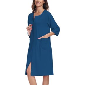 أردية حمام نسائية بطول الركبة 100% قطن للنساء، معاطف منزلية ناعمة وخفيفة الوزن، أرواب بسحاب مع جيوب (أزرق، L) in Kuwait