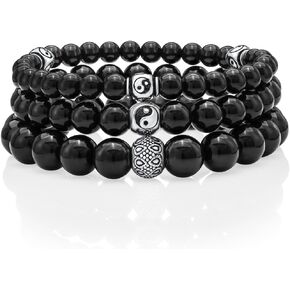 VY JEWELRY Black Onyx Beaded Bracelet 6/8/10MM Dia Stones with 925 Sterling Silver Beads for Men and Women