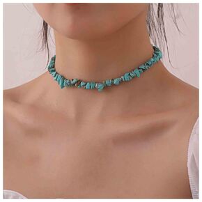 Boho Turquoise Bead Choker Necklace Short Irregular Turquoise Necklace Blue Gemstone Beaded Necklace Natural Stone Necklace Chain Jewelry for Women and Girls