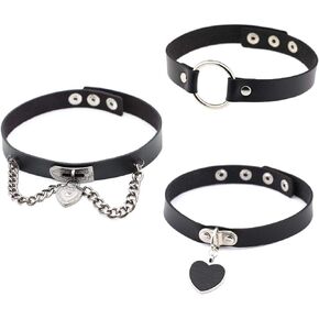 tenghong2021 Leather Choker Necklace Set Metal O-Ring Heart Cat Circle Shape Gothic PU Leather Collar Necklace Punk Rock Adjustable Black Jewelry Studded Rivets Collar Chokers