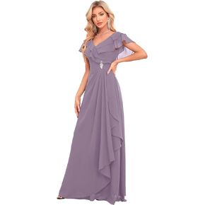 V Neck Chiffon Bridesmaid Dress Long Flutter Sleeves Formal Dress Beaded Mother of The Bride Dress with Pockets UU25