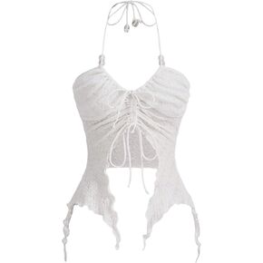 SHENHE Women's Halter Neck Ruched Drawstring Lettuce Trim Asymmetrical Cute Crop Top