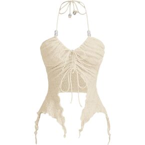SHENHE Women's Halter Neck Ruched Drawstring Lettuce Trim Asymmetrical Cute Crop Top