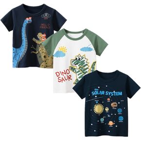 Toddler Boys Girls 3-Pack Crewneck Short Sleeve T-Shirts Kids Summer Cotton Dinosaur Casual Tee 2-8 Years