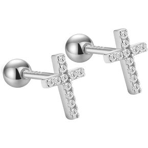 18G Crystal Cross Cartilage Stud Earrings for Women Girls 925 Sterling Silver Cubic Zirconia Faith Tragus Helix Conch Ear Piercing Barbell Screw Back Hypoallergenic Jewelry Gifts