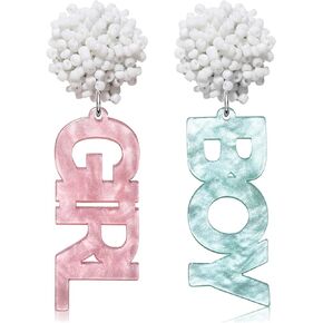 Gender Reveal Earrings BOY & GIRL Earrings Beaded Ball Stud Blue Pink Acrylic Letter Earrings for Mother Pregnancy Gift