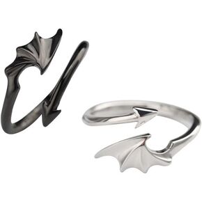 1 Pair Couples Matching Rings for Women Men Personality Angel Devil Open Ring Adjustable Black Silver Expandable Size Dragon Wing Arrow Ring Fashion Promise Wedding Gift for Him and Her Boyfriend
