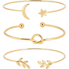 3Pcs Rose Gold Bangle for Women Simple Olive Leaf|Star Month|Knot Heart Cuff Bracelet Gift Jewelry