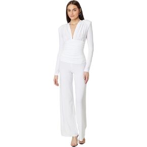 Norma Kamali womens V Neck L/S Shirred Waist Jumpsuit W/Shoulder Pads