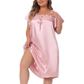 Agnes Orinda Plus Size Satin Silk Nightgown for Women Pleated Loose Sleepwear Nightshirt Sleep Dresses