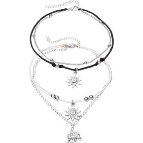 2PCS Boho Beach Layered Rope Anklet Bracelet Sunflower Elehant Charm Handmade Foot Jewelry for Women Teen Girls