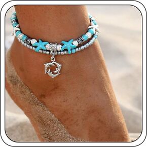 هدايا دولفين للنساء، سوار كاحل أنيق بوهو بطبقة مزدوجة قابل للتعديل مصنوع يدويًا باللون الفيروزي مطرز بالخرز للفتيات المراهقات هدايا المجوهرات in Kuwait