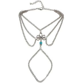 Asphire 2 Pcs Bohemian Layered Anklet with Toe Ring Silver Turquoise Barefoot Sandals Summer Beach Wedding Foot Accessories Boho Toe Link Ankle Bracelet for Women and Girls
