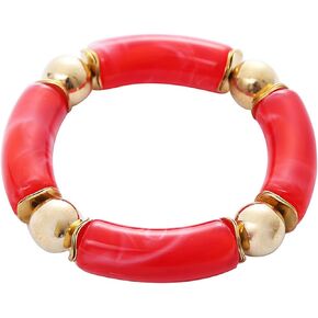 Gold Plated Beaded Acrylic Bamboo Tube Bangle Bracelets Colorful Summer Beach Chunky Curved Tube Stretch Bracelet for Women Girls Stacking Friendship Jewelry