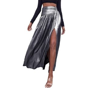 WDIRARA Women's Metallic High Waist Maxi Skirt Solid Asymmetrical Split Thigh Party Skirts