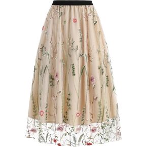 Floral Embroidery Tulle Skirts for Women Mesh Midi Skirt A-Line Fairy Elastic Waist Summer Flare Flowy Midi Skirts